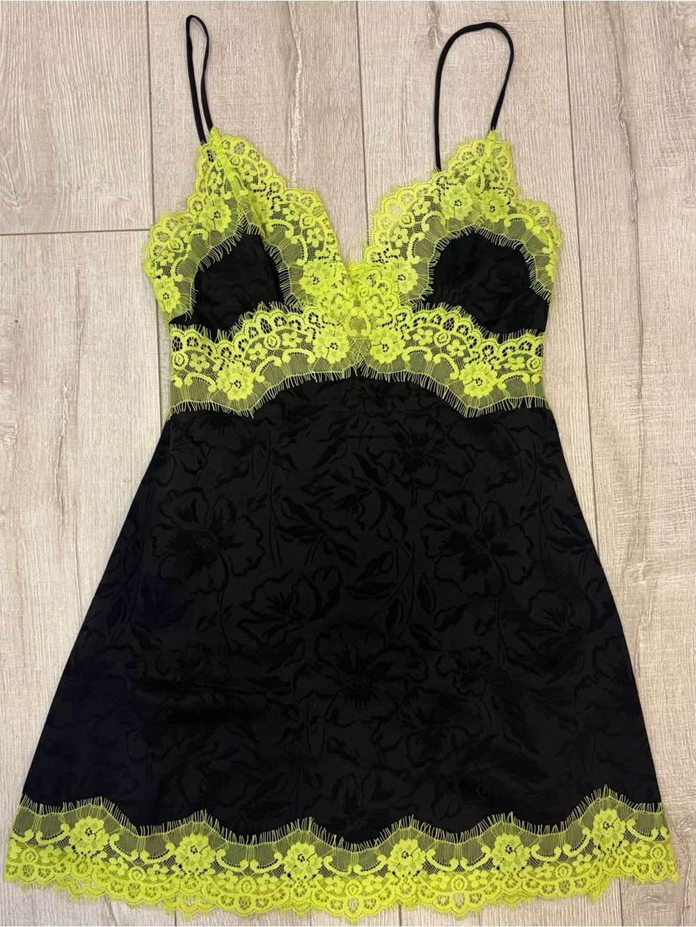 Neon Yellow & Black Lace Trim Slip Dress